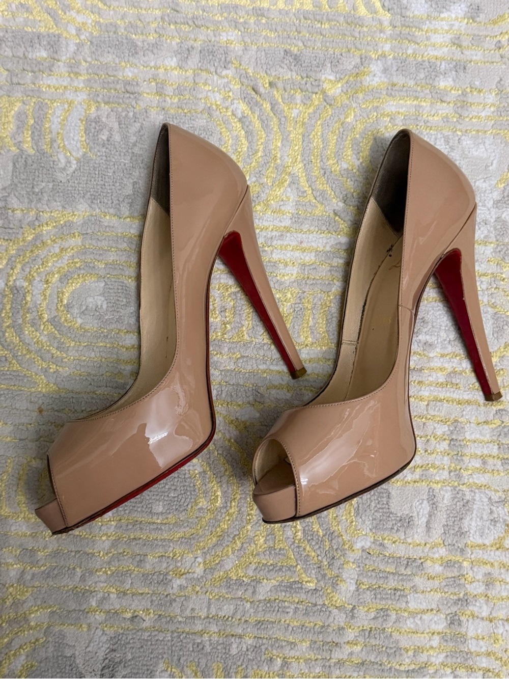 Christian Louboutin Nude Patent Peep-Toe Pumps with Red Sole
